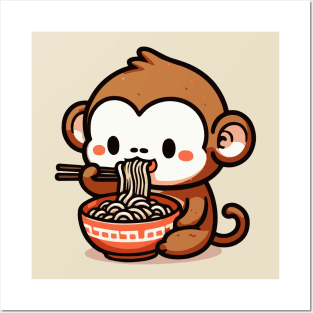 Kawaii monkey eat Ramen Posters and Art